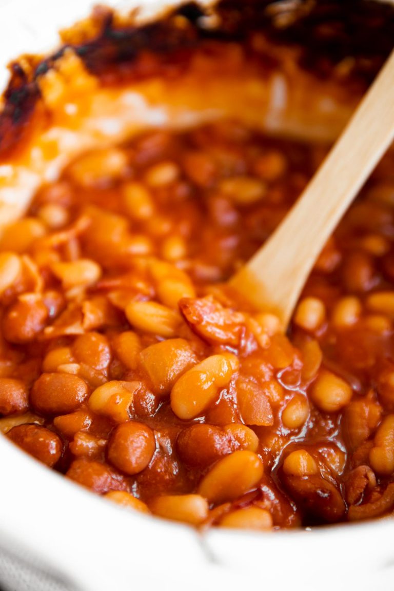 Bacon Brown Sugar Crockpot Baked Beans Recipe - Unfussy Kitchen