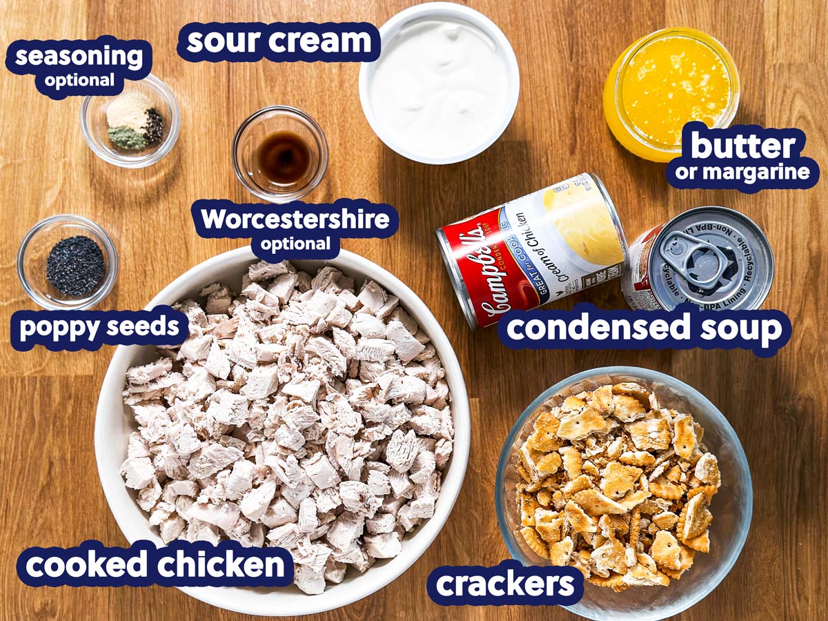 ingredients for poppy seed chicken casserole with text labels