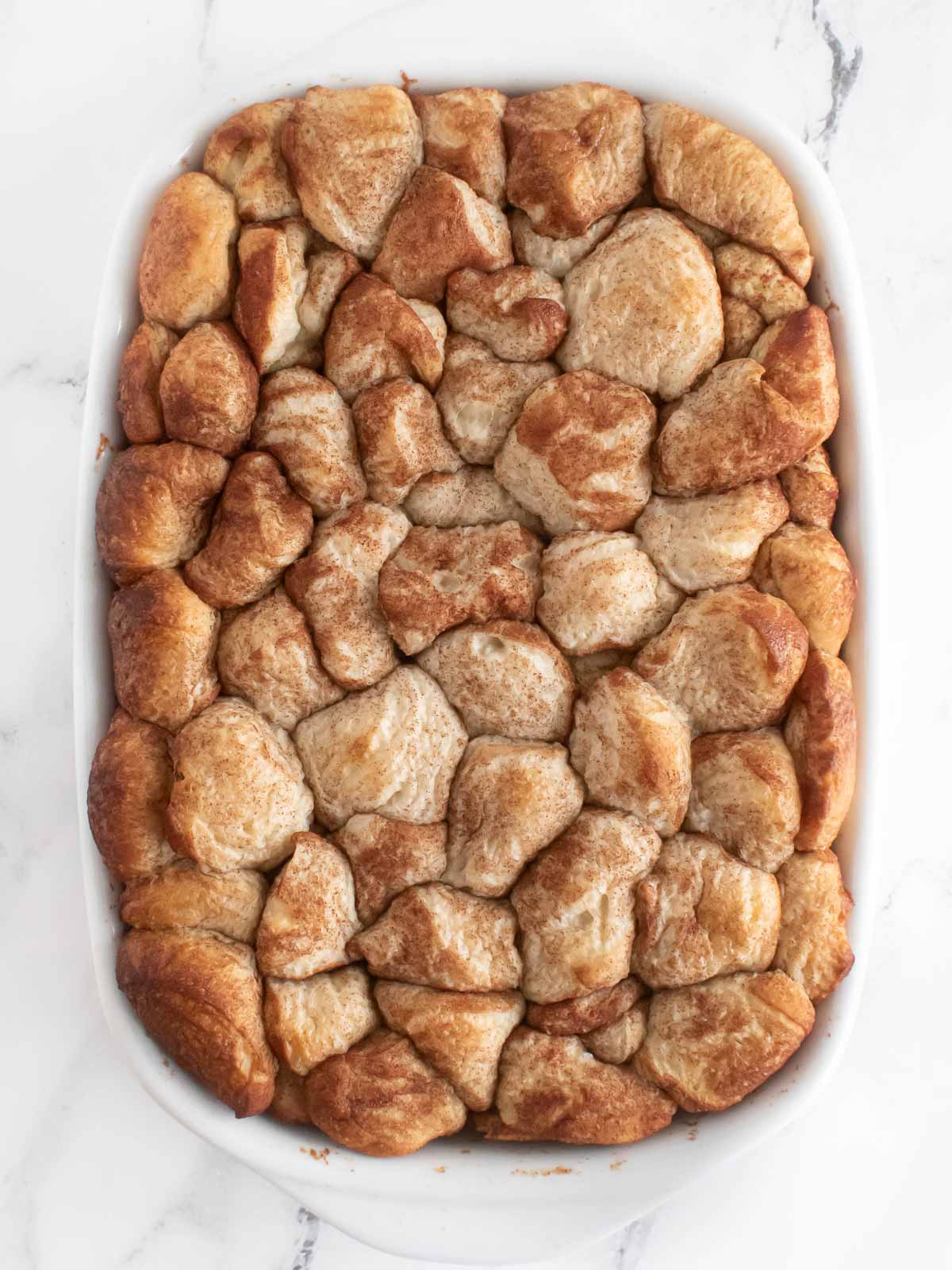 overhead view of cinnamon roll casserole after baking