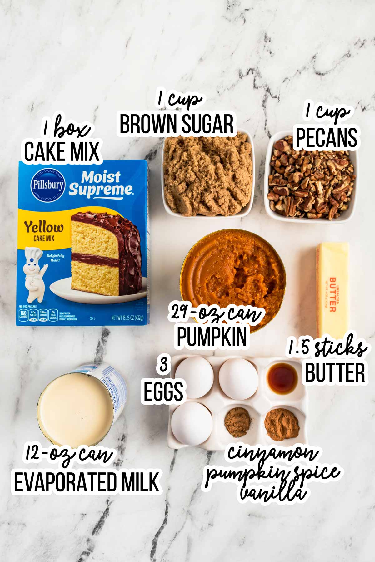 overhead view of ingredients to make pumpkin dump cake with text labels