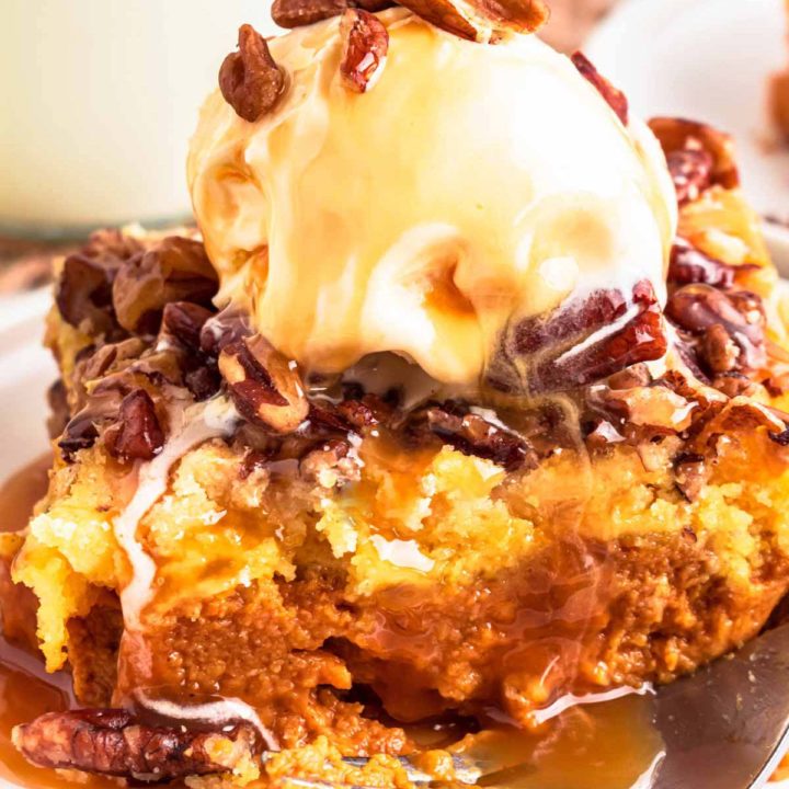 frontal view of pumpkin dump cake slice topped with ice cream