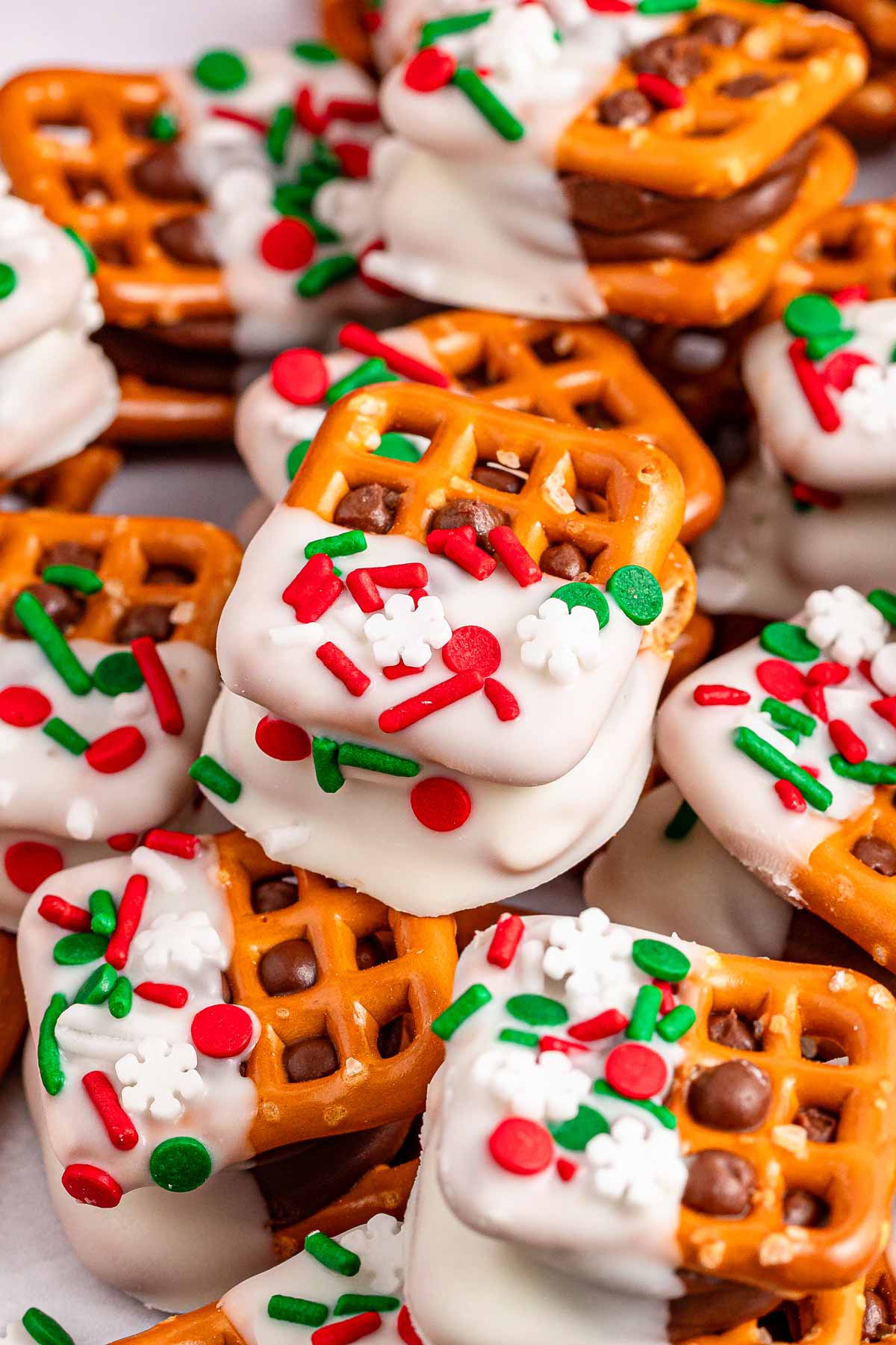 frontal close up of Christmas decorated Rolo pretzel bites