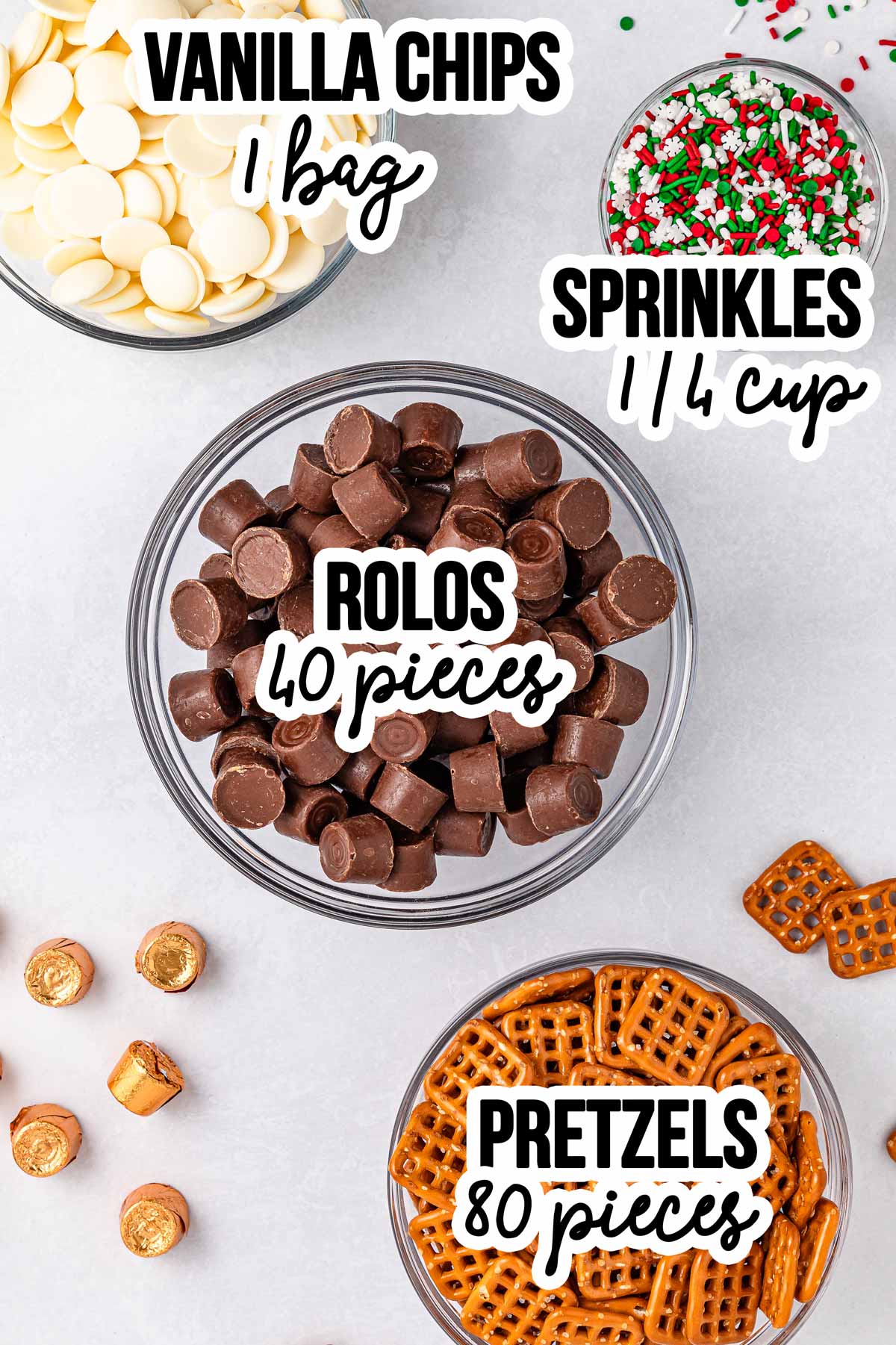 overhead view of ingredients to make Rolo pretzels with text labels