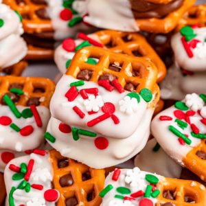 frontal close up of Christmas decorated Rolo pretzel bites