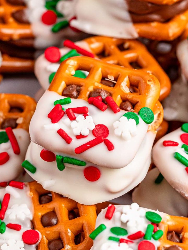 frontal close up of Christmas decorated Rolo pretzel bites